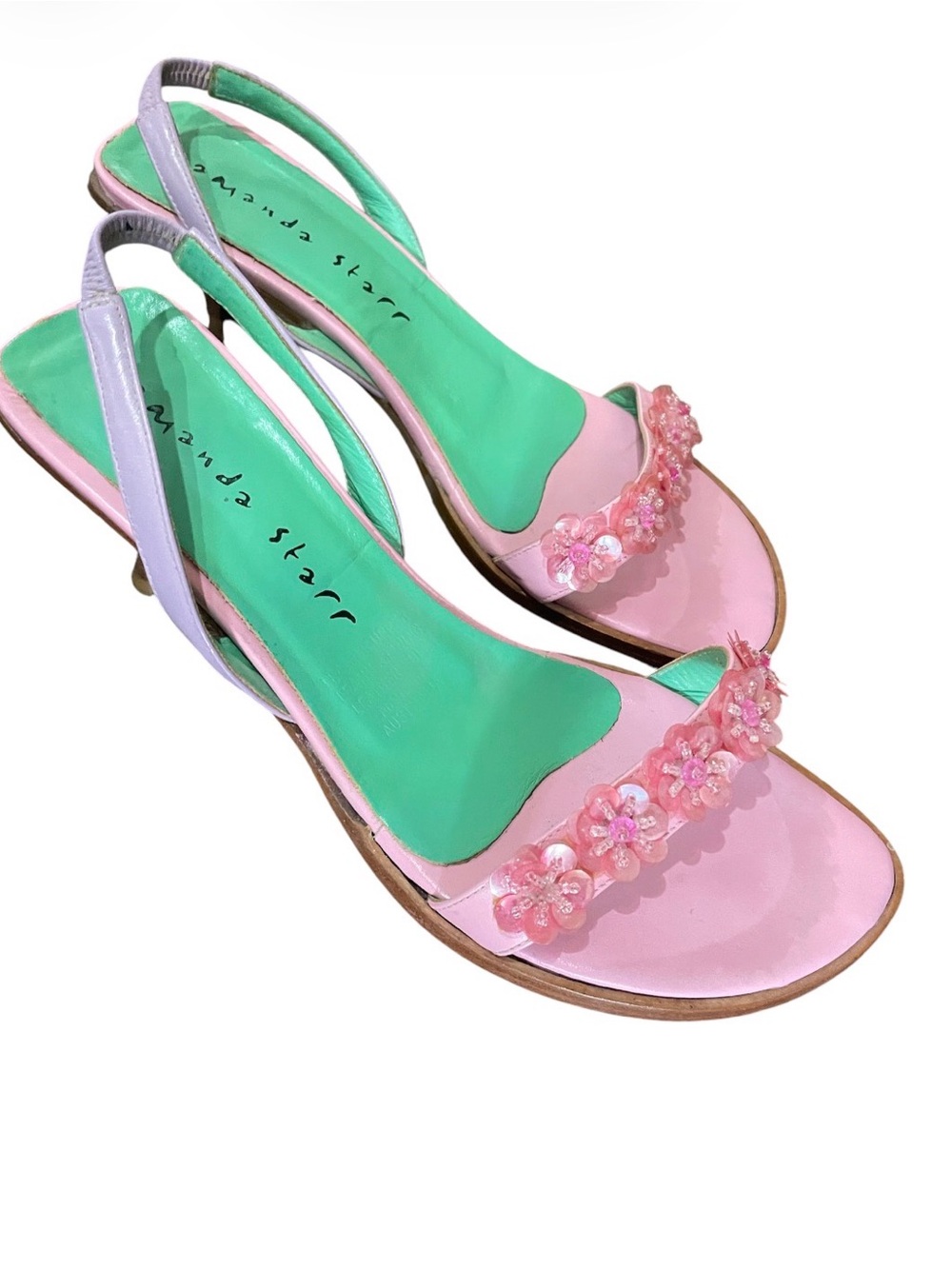 Vintage Amanda Starr Rare Pink Floral Slingback Kitten Heel Sandals Collectible